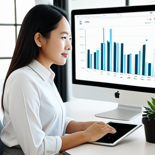 A composed Malaysian professional, gender-neutral, in a modest business casual outfit. The individual is sitting calmly at a sleek, minimalist desk in a modern, sunlit home office. A digital tablet displays a simplified, upward-trending line graph, symbolizing steady long-term growth and consistent investment. A small, vibrant potted plant sits beside the tablet, representing consistent nurturing and organic growth. Soft, natural light fills the room, creating a peaceful and serene atmosphere. The overall mood is confident, calm, and focused. fully clothed, modest clothing, appropriate attire, professional dress, safe for work, appropriate content, perfect anatomy, correct proportions, natural pose, well-formed hands, proper finger count, natural body proportions, high-quality professional photography.